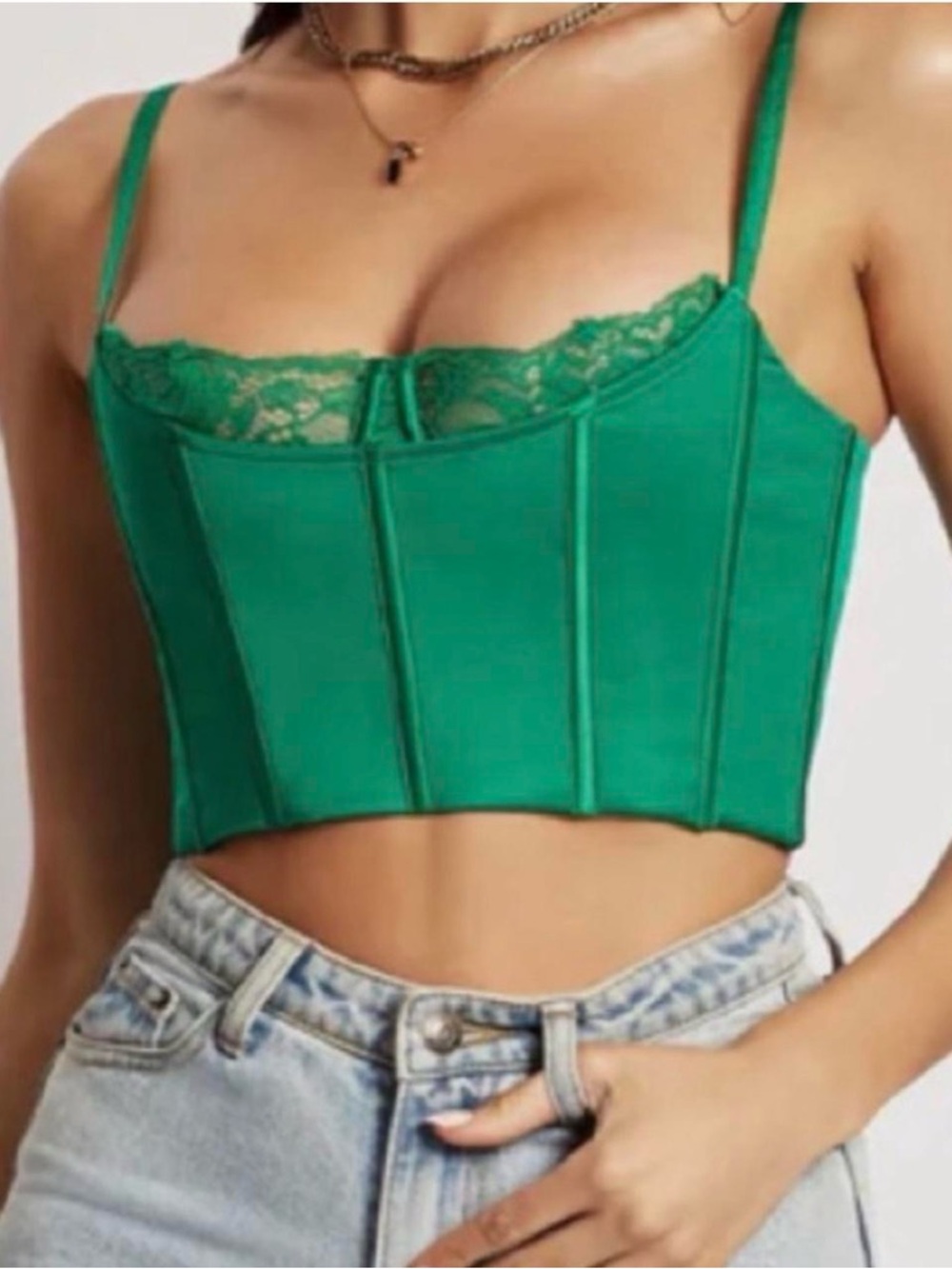 Meshki Emerald Lace-Trim Corset Crop Top